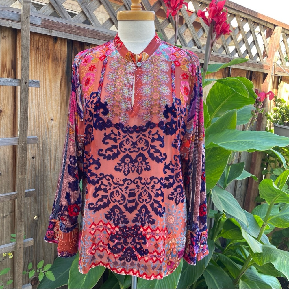 Jonny Was Blouse Top Sz XL Syriah Burnout Enta Multi Velvet Long Sleeve NWOT